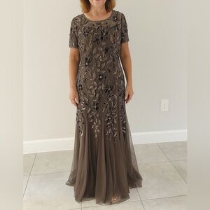 Adrianna Papell Floral Beaded Dress Godet Gown Brown size 12 Mother Of Bride